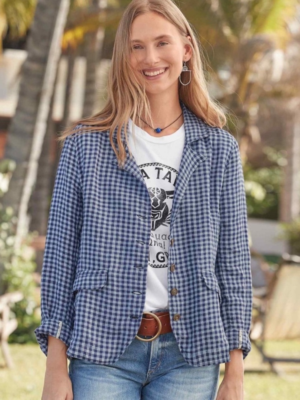 BOGO! Sundance Ziri Linen Blazer Blue Gingham Check Size Small
